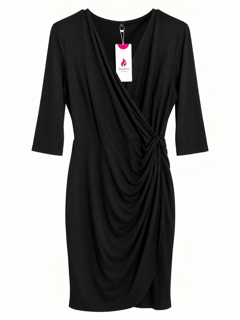 Berydress Black Ruched Surplice Dress Size L with 3/4 Sleeves